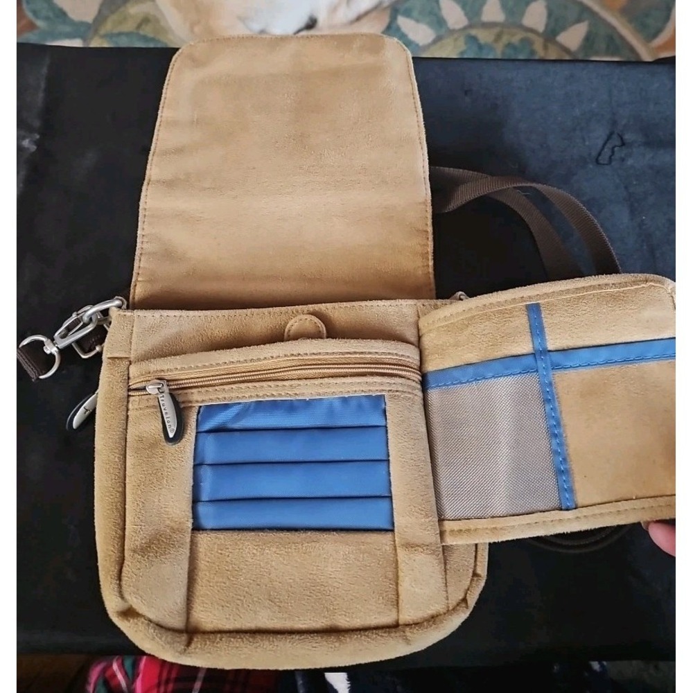Travelon Cross Body Sling Bag Purse Crossbody Handbag Tan Faux Suede Mirror - Picture 5 of 7